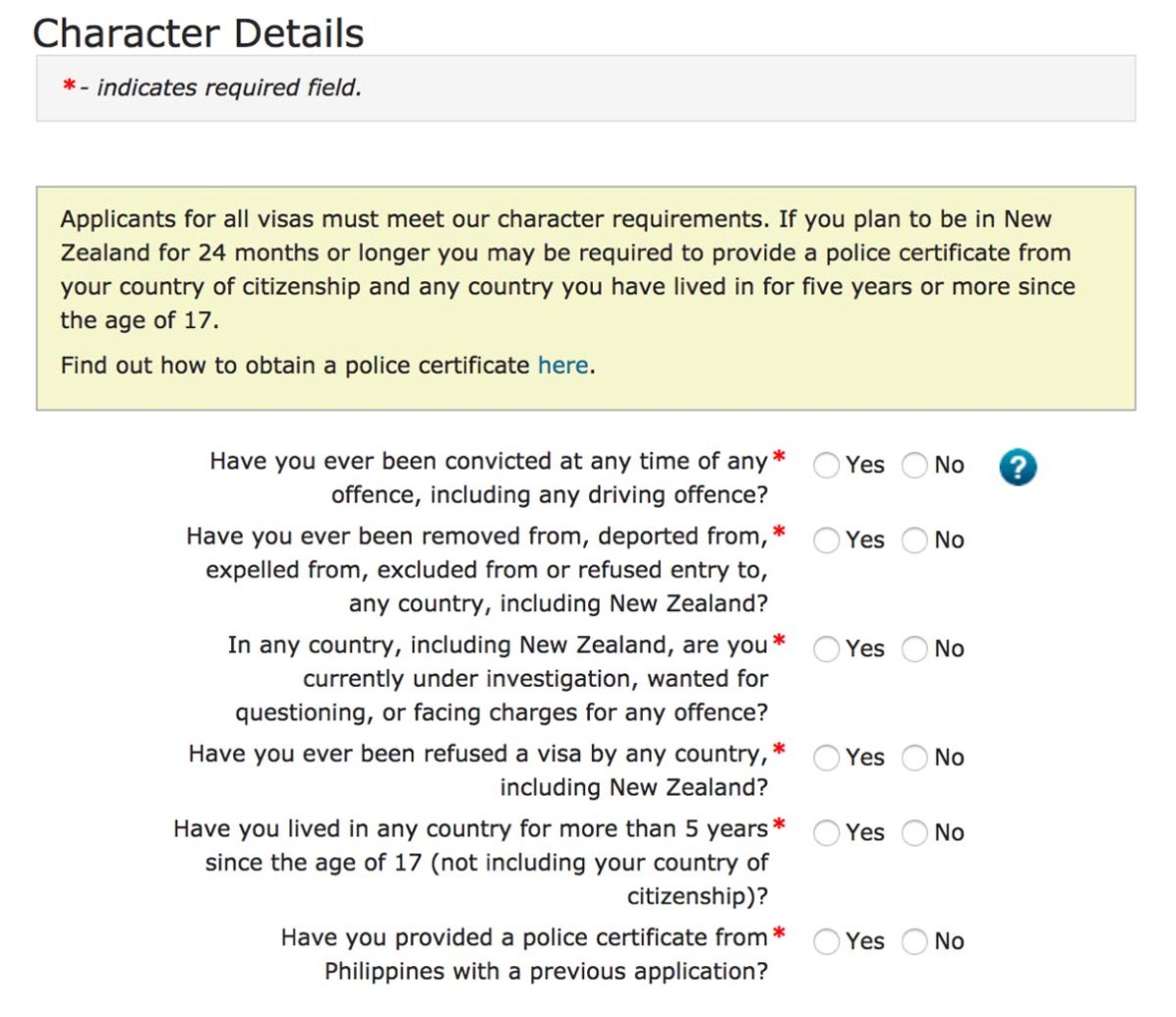 new zealand visitor visa character questions