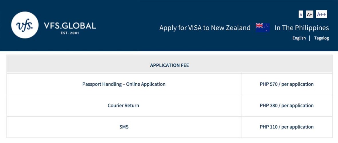 vfs new zealand visa fee